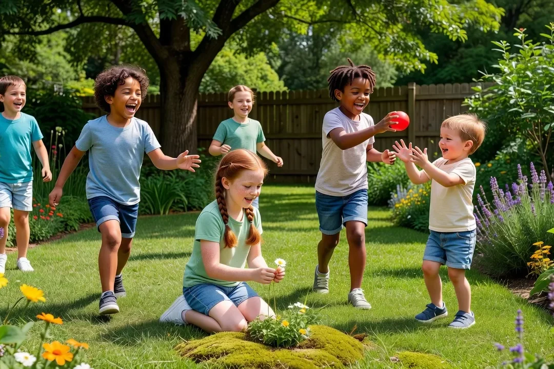 Famille recomposée lors d’une sortie en nature, enfants qui courent devant les adultes