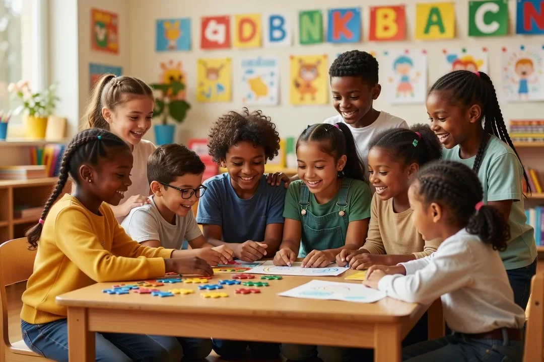 Groupe d’enfants en cercle d’empathie à l’école, apprentissage émotionnel collectif