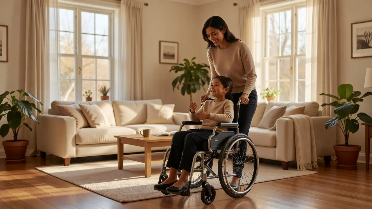 Parent accompagnant son enfant en situation de handicap dans un moment de complicité à la maison
