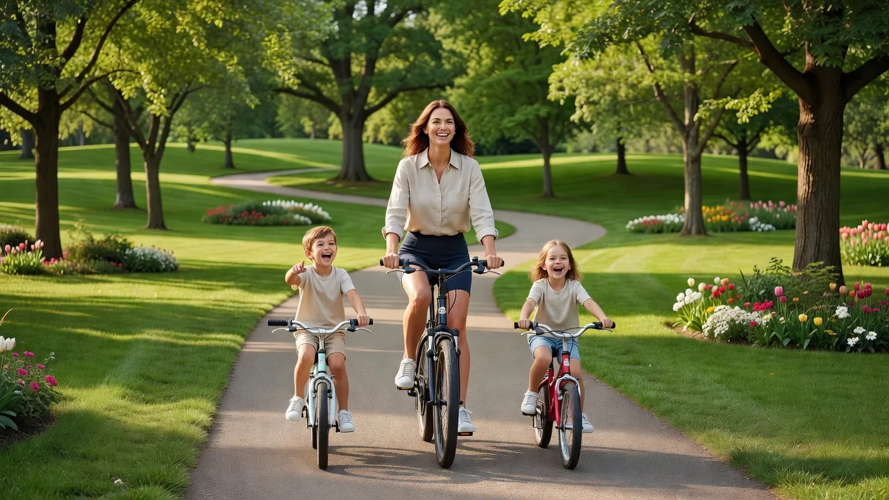 Parent et enfants faisant du vélo ensemble dans un parc, activité physique familiale en plein air