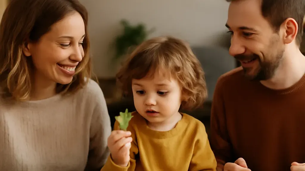 Famille partageant un repas équilibré et coloré, enfant découvrant les légumes avec curiosité