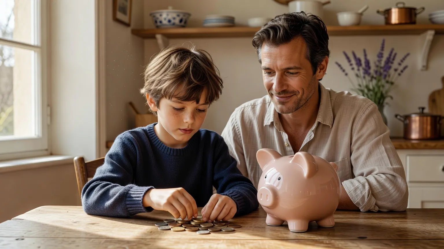 Enfant comptant des pièces de monnaie dans une tirelire avec un parent