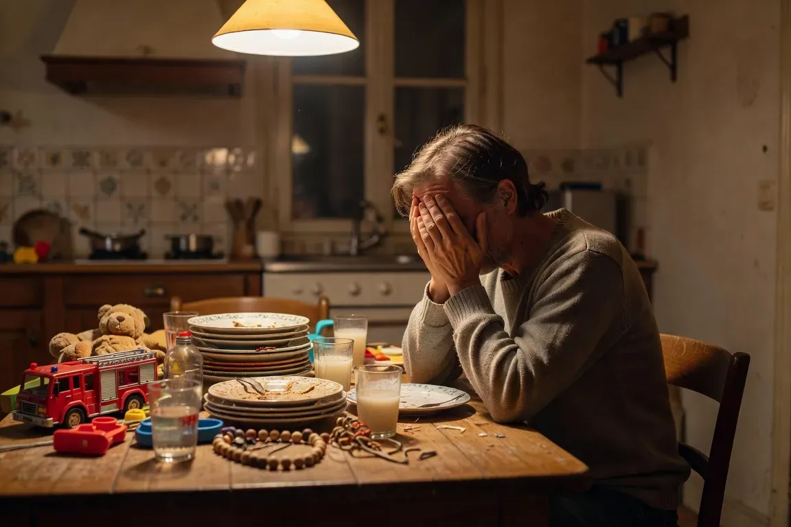 Parent épuisé assis à la table de la cuisine, visage enfoui dans les mains, jouets d'enfants autour