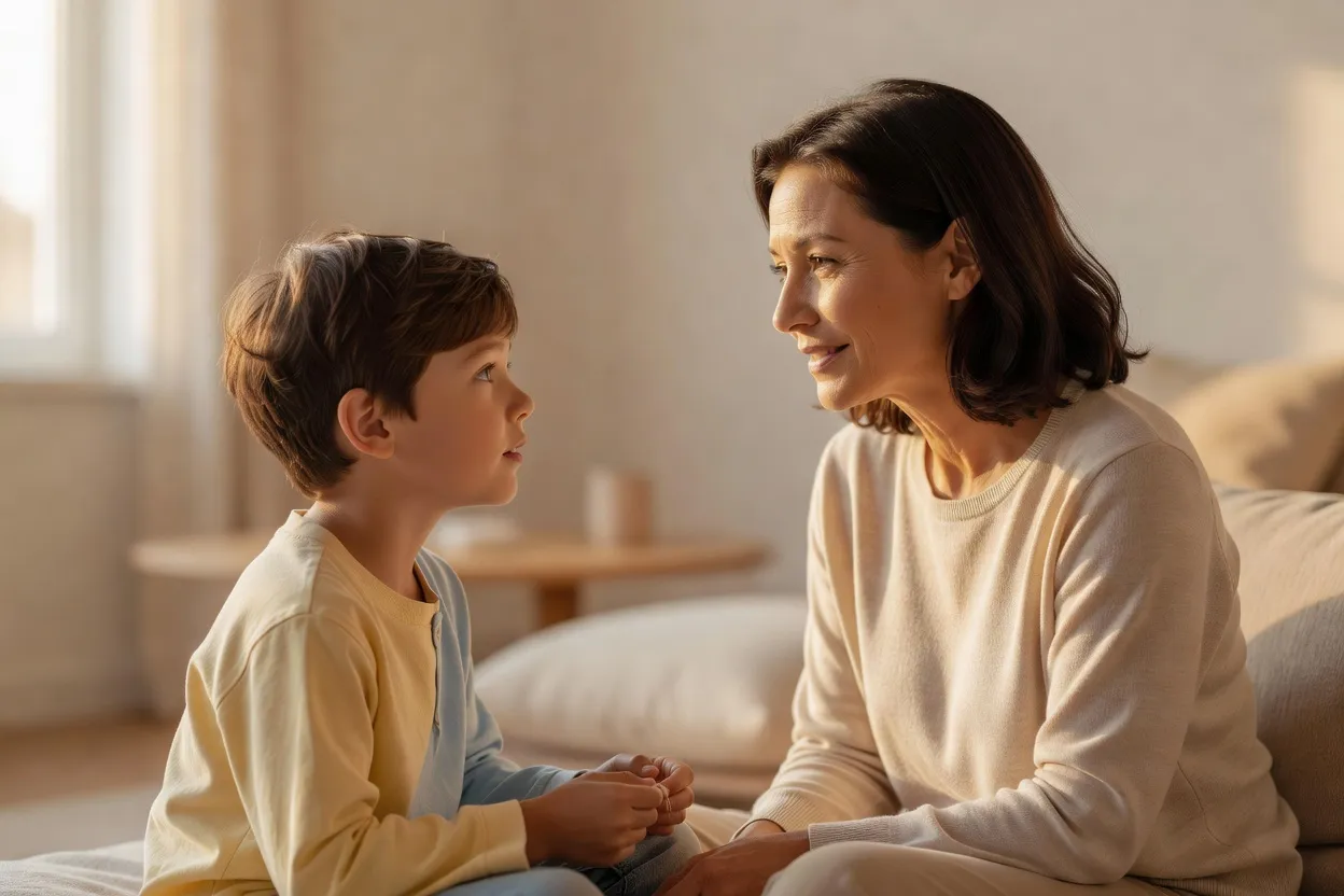 Parent et enfant en conversation calme et bienveillante, écoute empathique