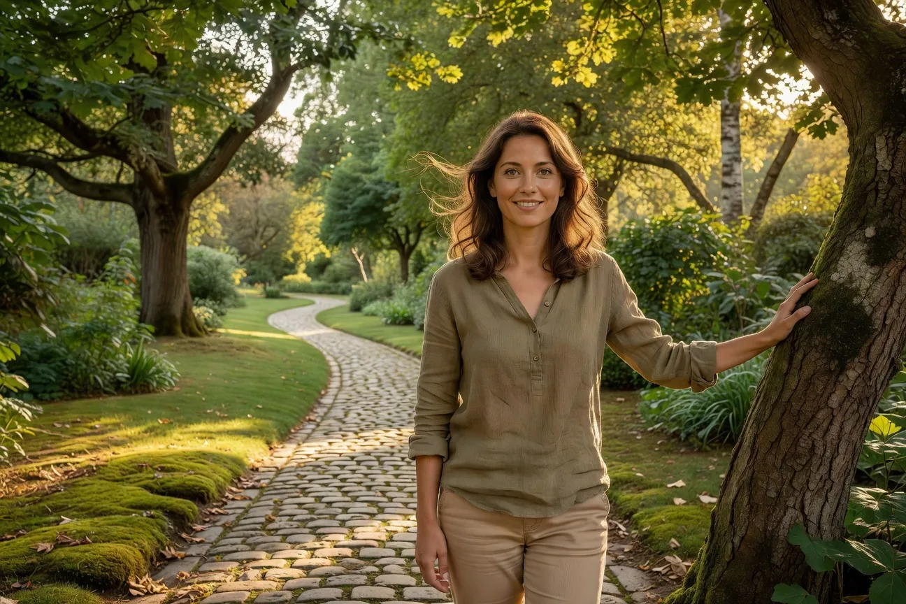 Portrait de Sophie Aumont, éco-psychologue, dans un jardin lumineux