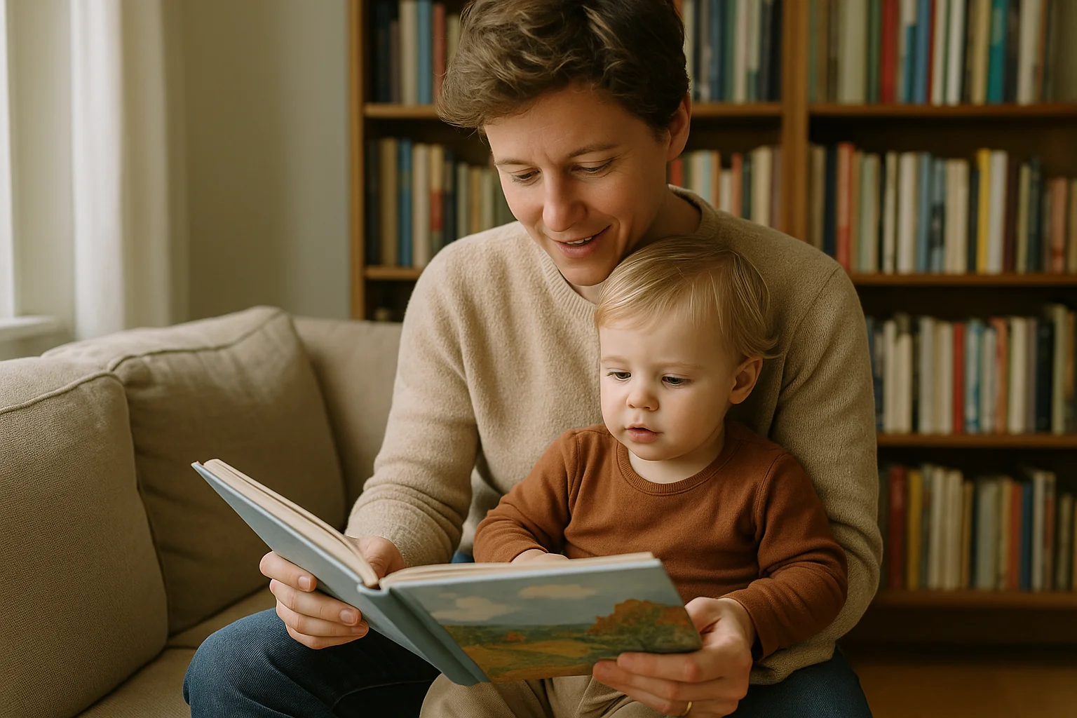 Parent lisant un album illustré à un jeune enfant dans une langue autre que le français, salon chaleureux