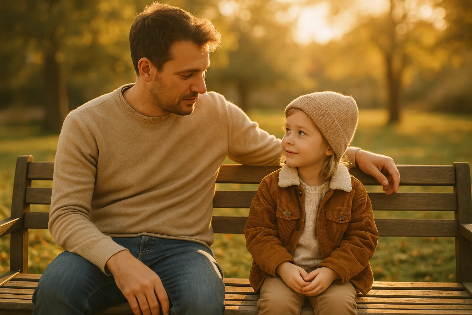 Parent assis auprès de son enfant sur un banc de jardin, échange calme et apaisé