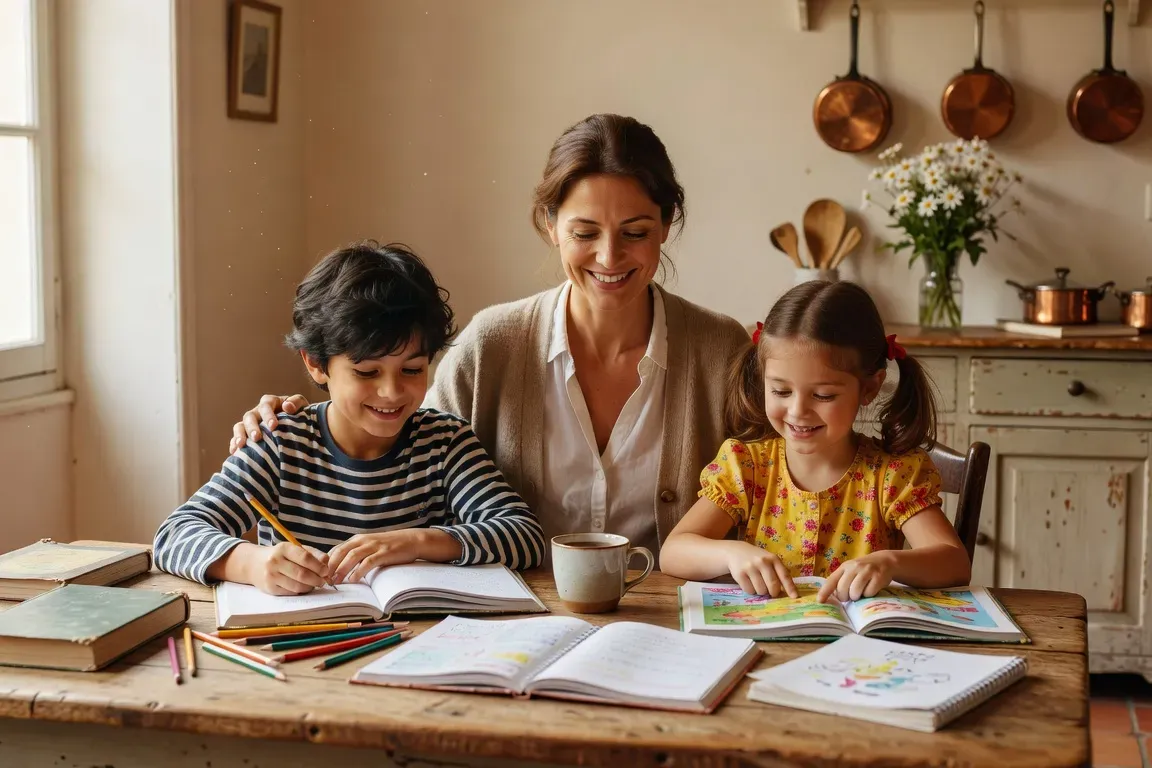 Parent seul et épanoui avec ses deux enfants faisant leurs devoirs ensemble