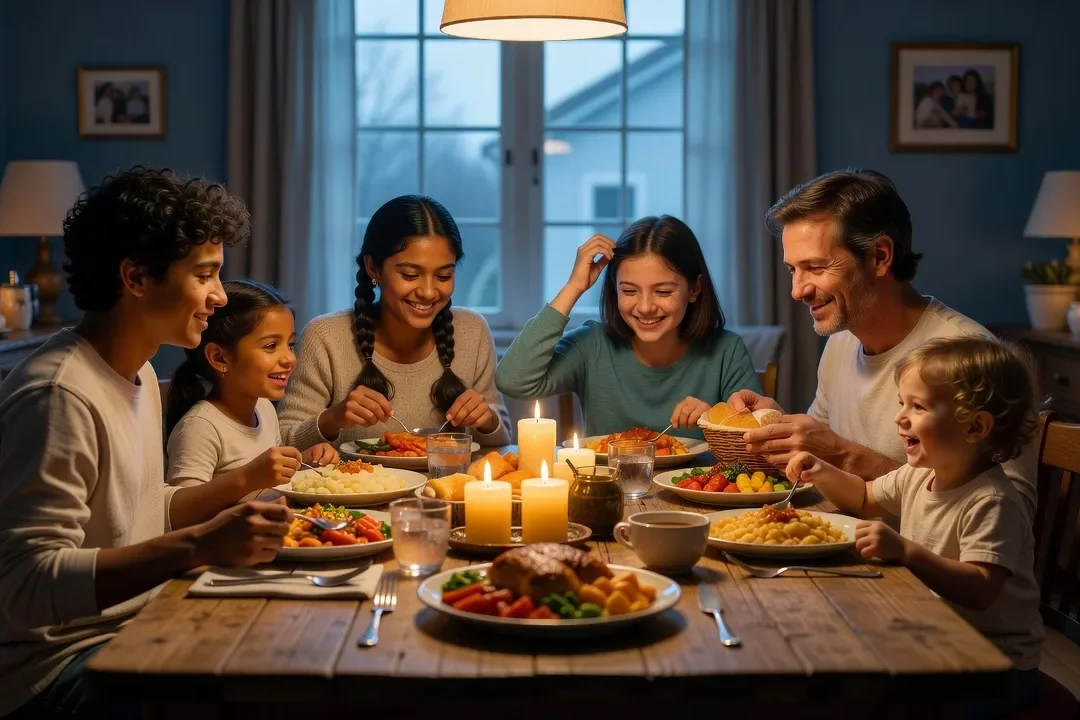 Famille recomposée avec parents et enfants de différents horizons autour d'un repas convivial
