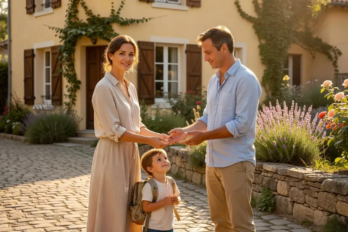 Parents faisant une transition sereine avec leur enfant devant une maison