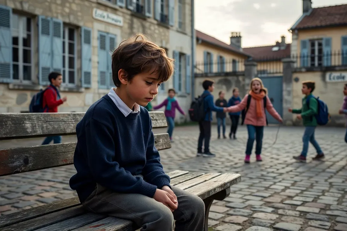 Enfant seul dans une cour d'école, regardant le sol