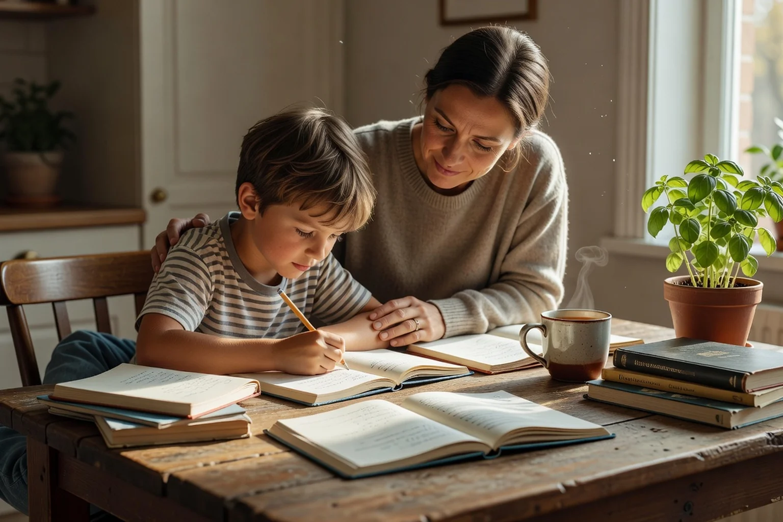 Parent et enfant travaillant ensemble sur des cahiers et des livres posés sur une table de cuisine ensoleillée