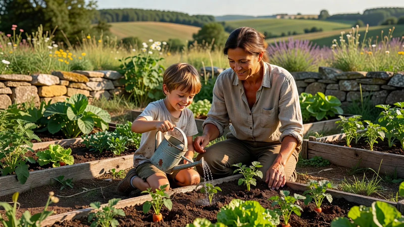 Parent et enfant jardinant ensemble dans un potager familial, mains dans la terre