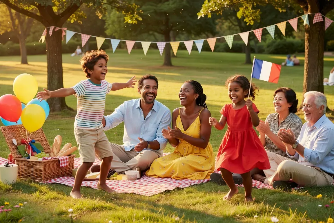 Famille diverse et joyeuse célébrant ensemble dans un parc ensoleillé, parents et enfants
