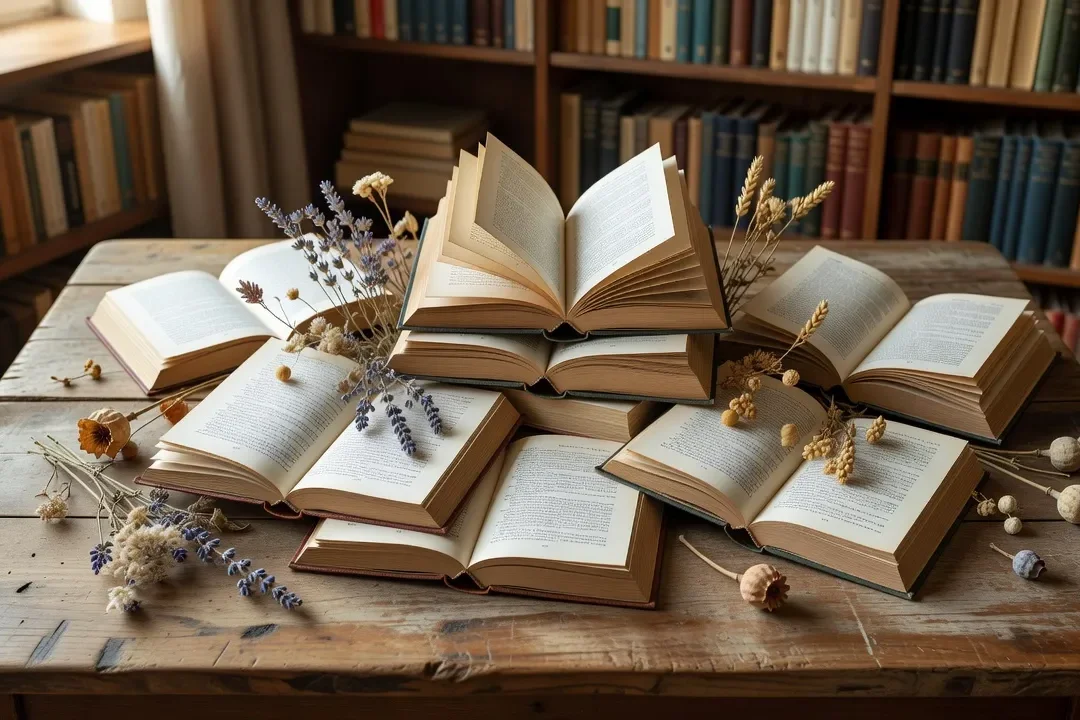 Pile de livres ouverts sur une table en bois, ambiance bibliotheque cosy