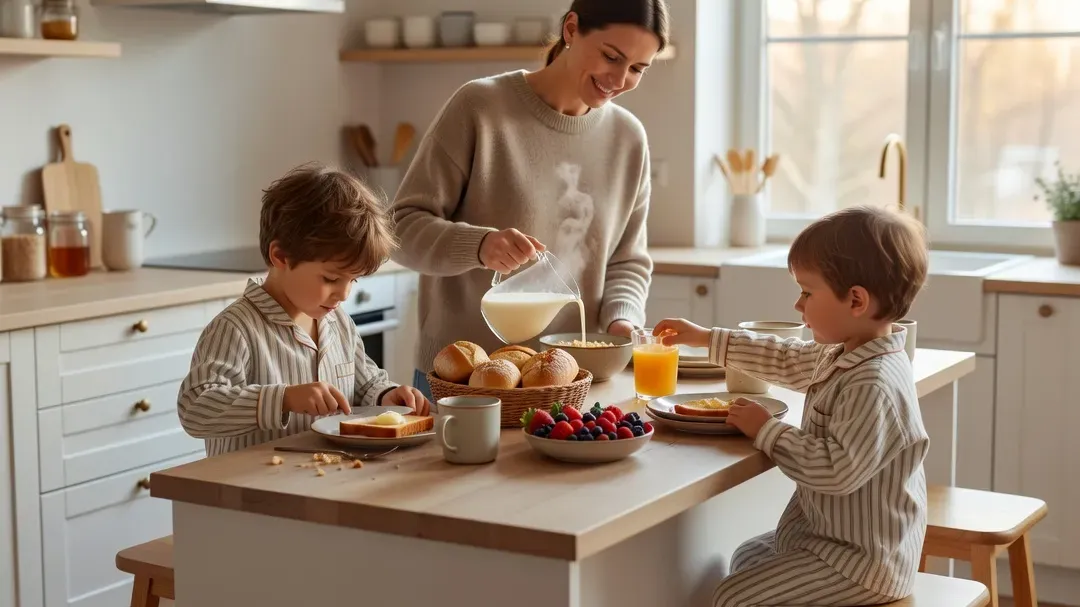 Famille le matin autour du petit-déjeuner, ambiance calme et organisée