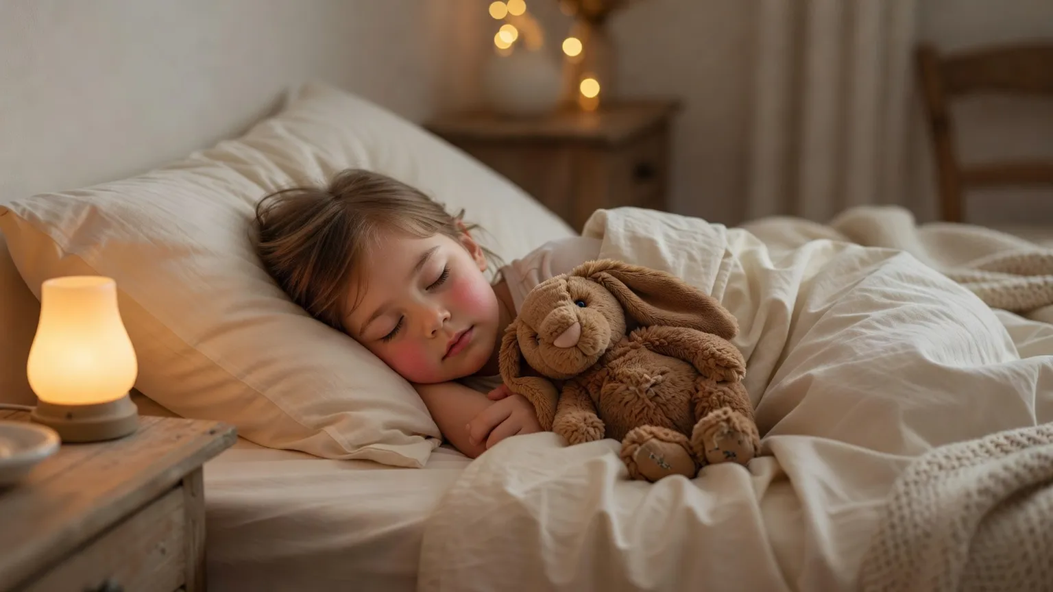 Enfant endormi paisiblement dans son lit avec veilleuse allumée
