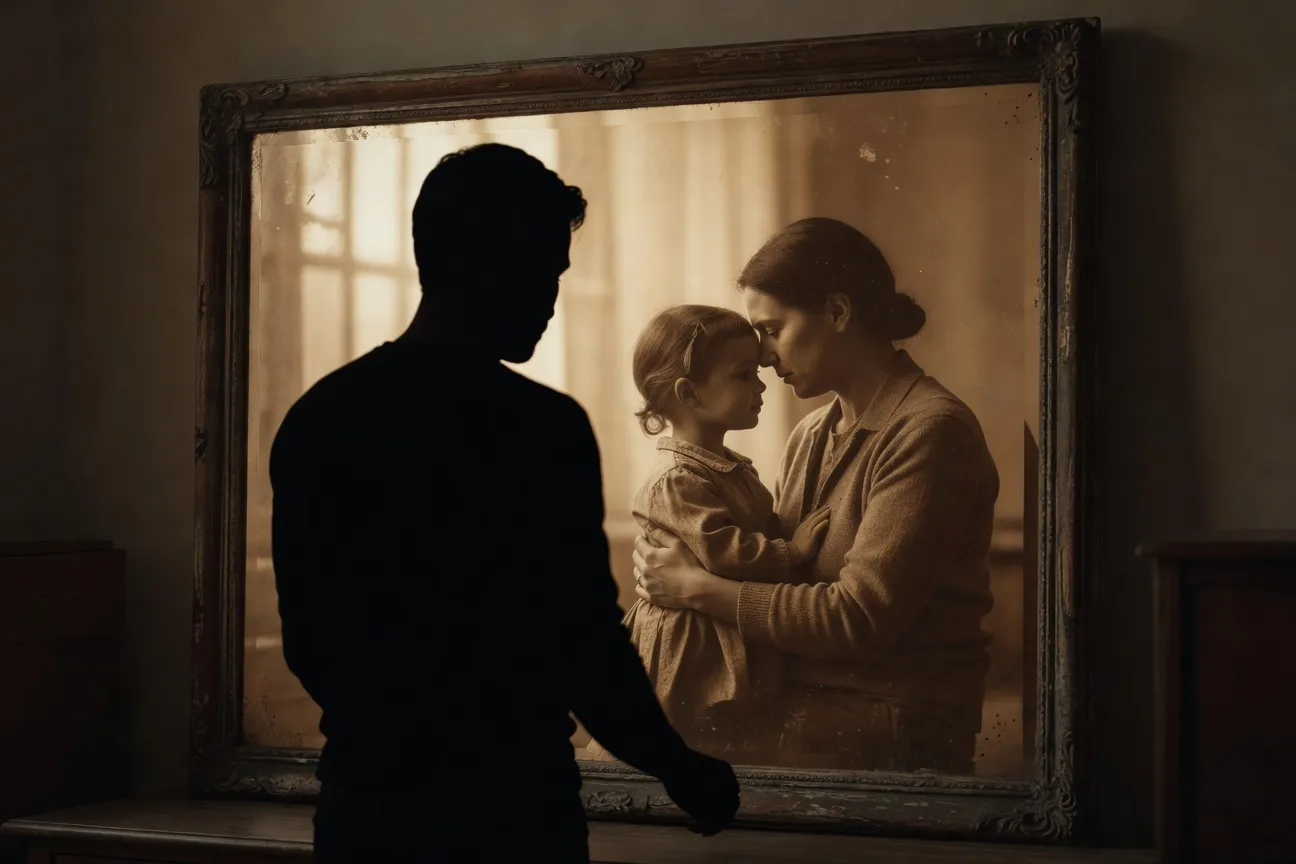 Silhouette adulte et reflet de l'enfance, connexion parent-enfant, tons sépia et couleurs présentes